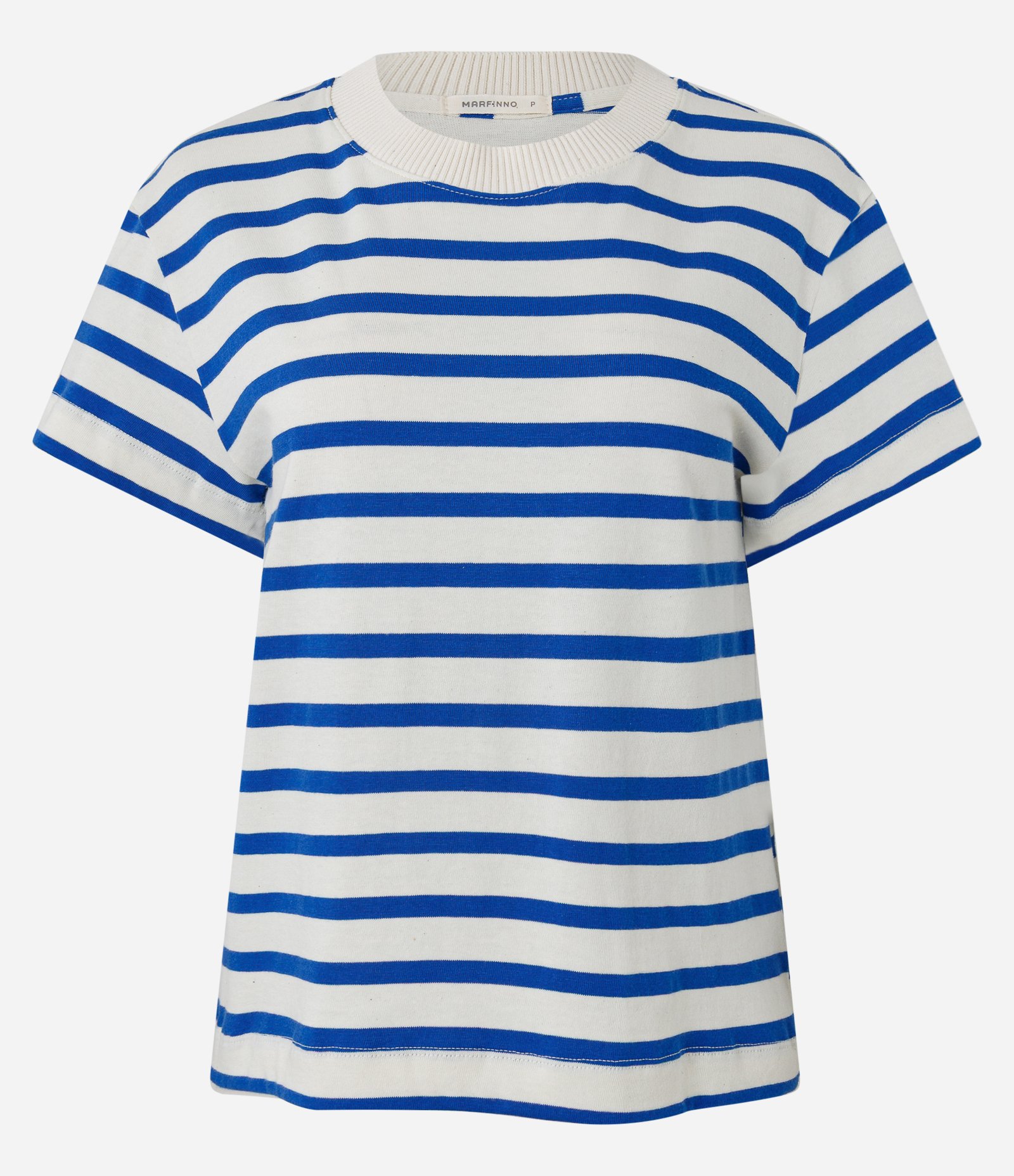 Camiseta Slim em Algodão Listrado com Gola Redonda Azul/Off White 5