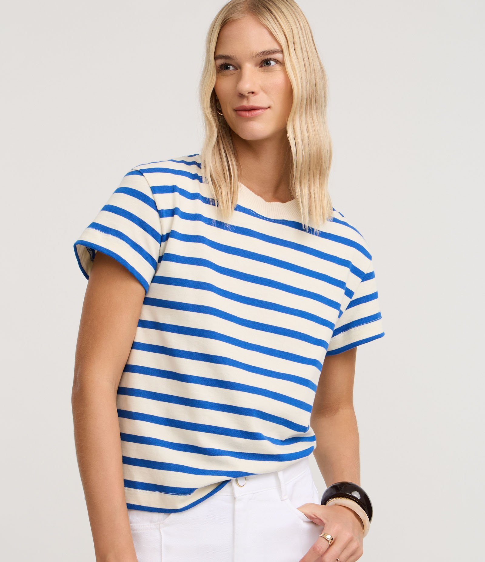 Camiseta Slim em Algodão Listrado com Gola Redonda Azul/Off White 1