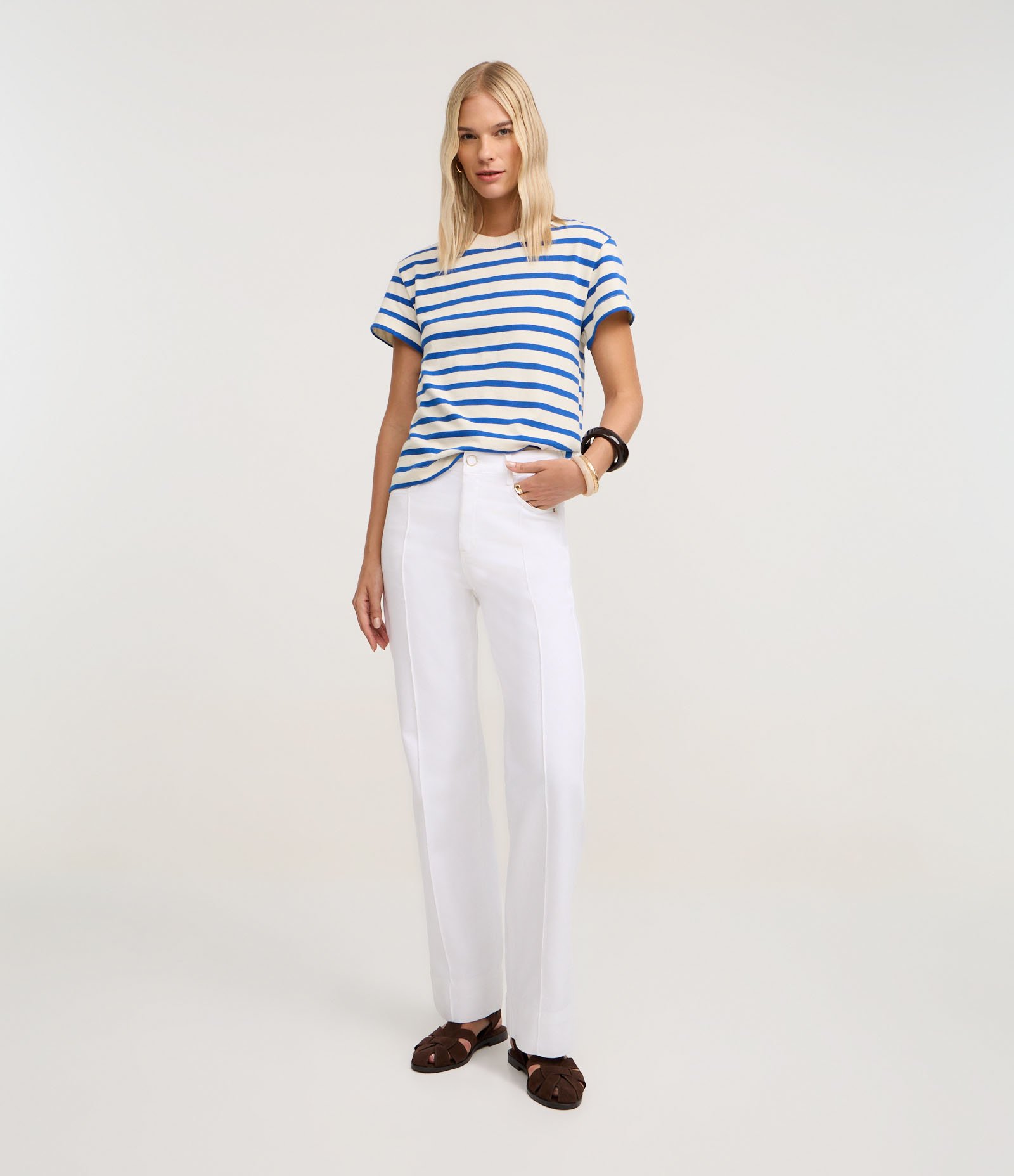 Camiseta Slim em Algodão Listrado com Gola Redonda Azul/Off White 2