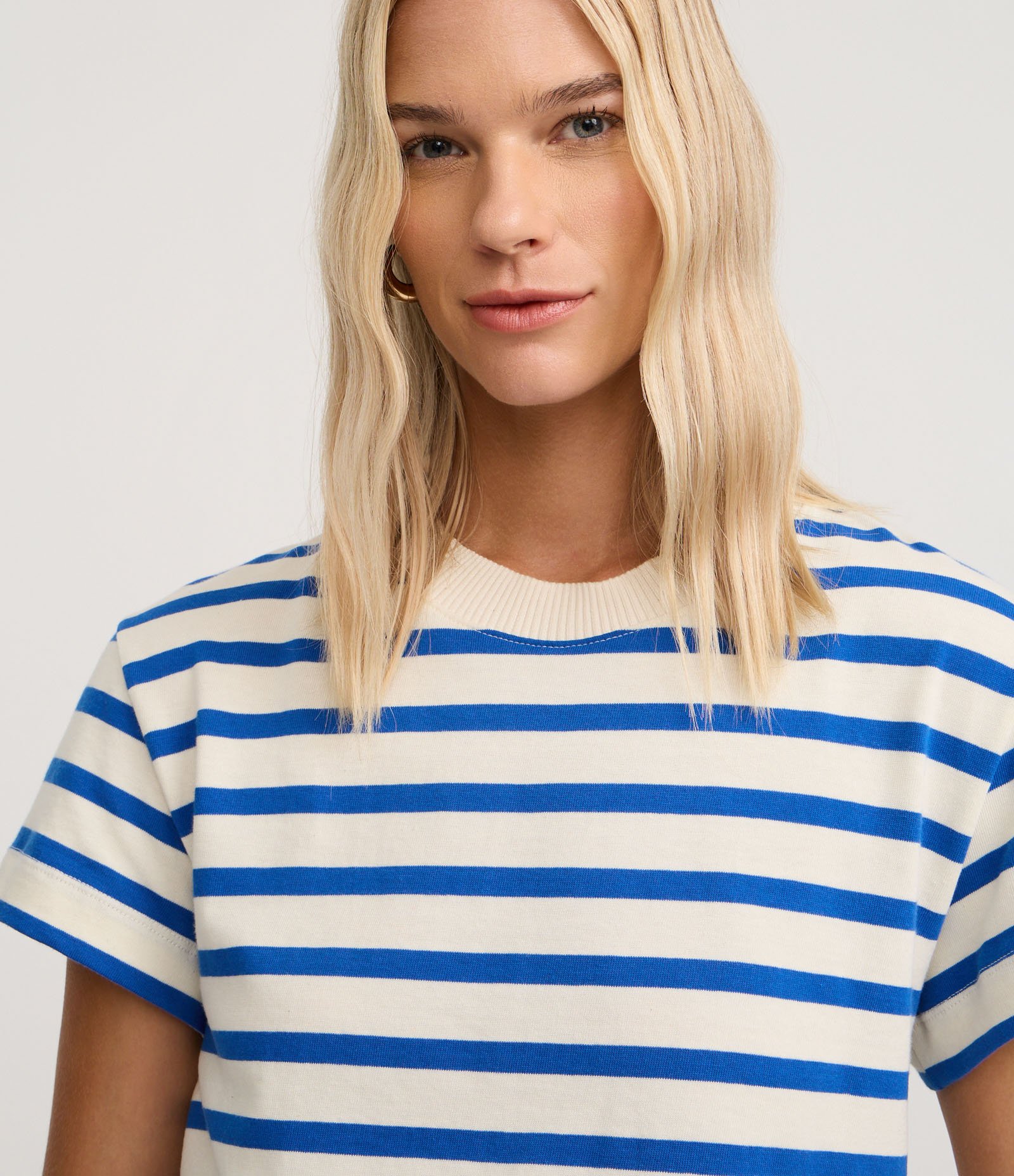 Camiseta Slim em Algodão Listrado com Gola Redonda Azul/Off White 3