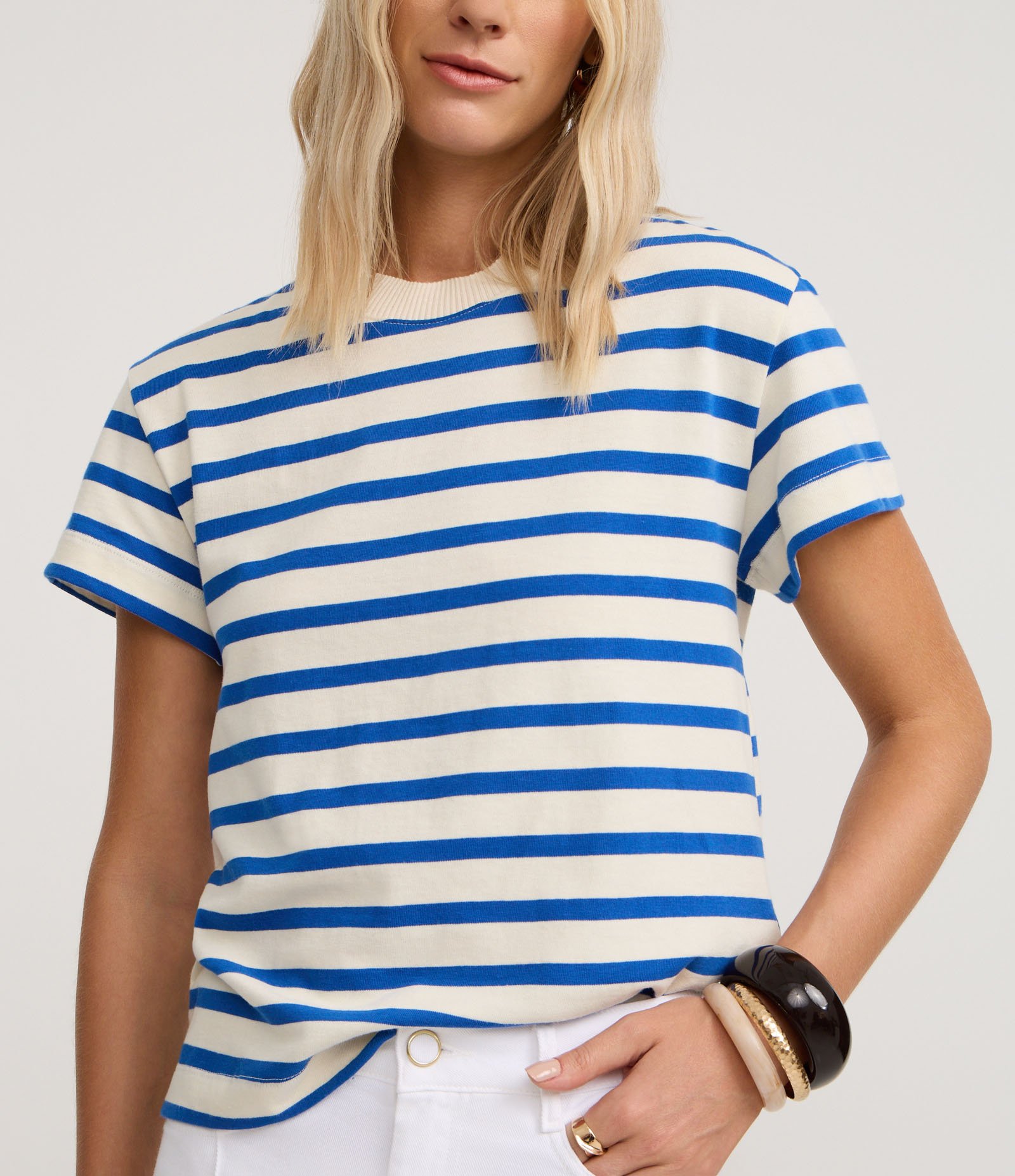 Camiseta Slim em Algodão Listrado com Gola Redonda Azul/Off White 4