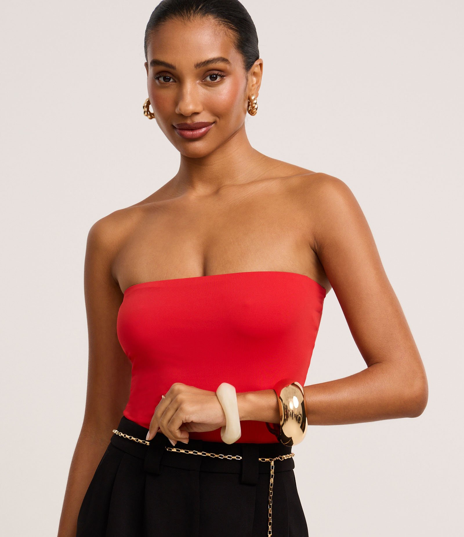 Blusa Ajustada Sem Alça em Poliamida Vermelho 1