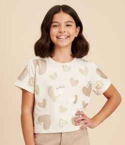 Camiseta Infantil com Estampa de Corações e Glitter Tam - 5 a 14 Anos