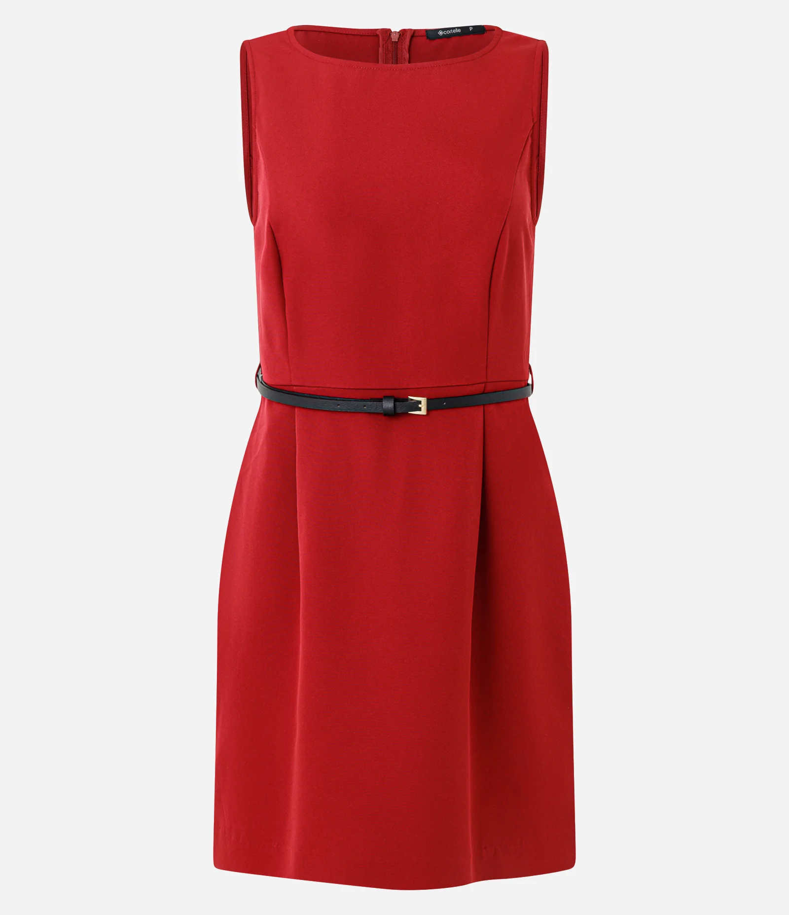 Vestido Curto em Crepe com Pregas Frontais e Cinto em PU Vermelho 1