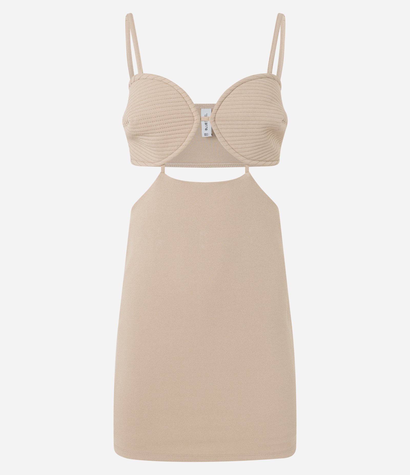 Vestido Curto em Crepe com Busto Pespontado e Recortes Bege 7