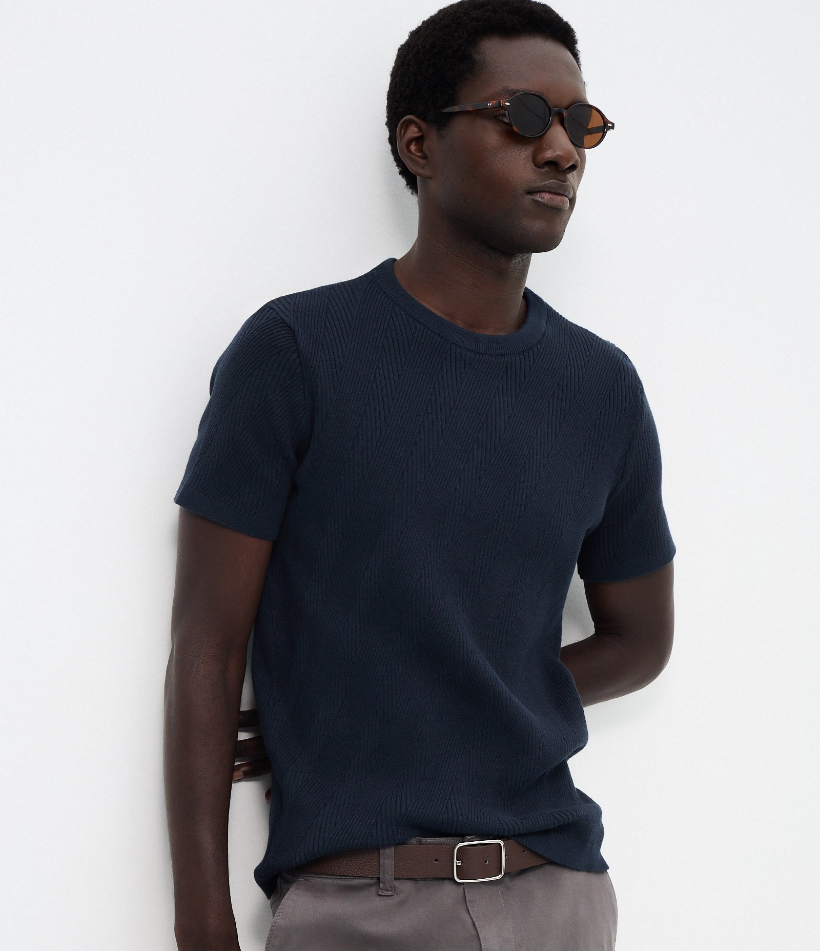 Camiseta Slim em Tricô com Mix de Texturas Azul 1