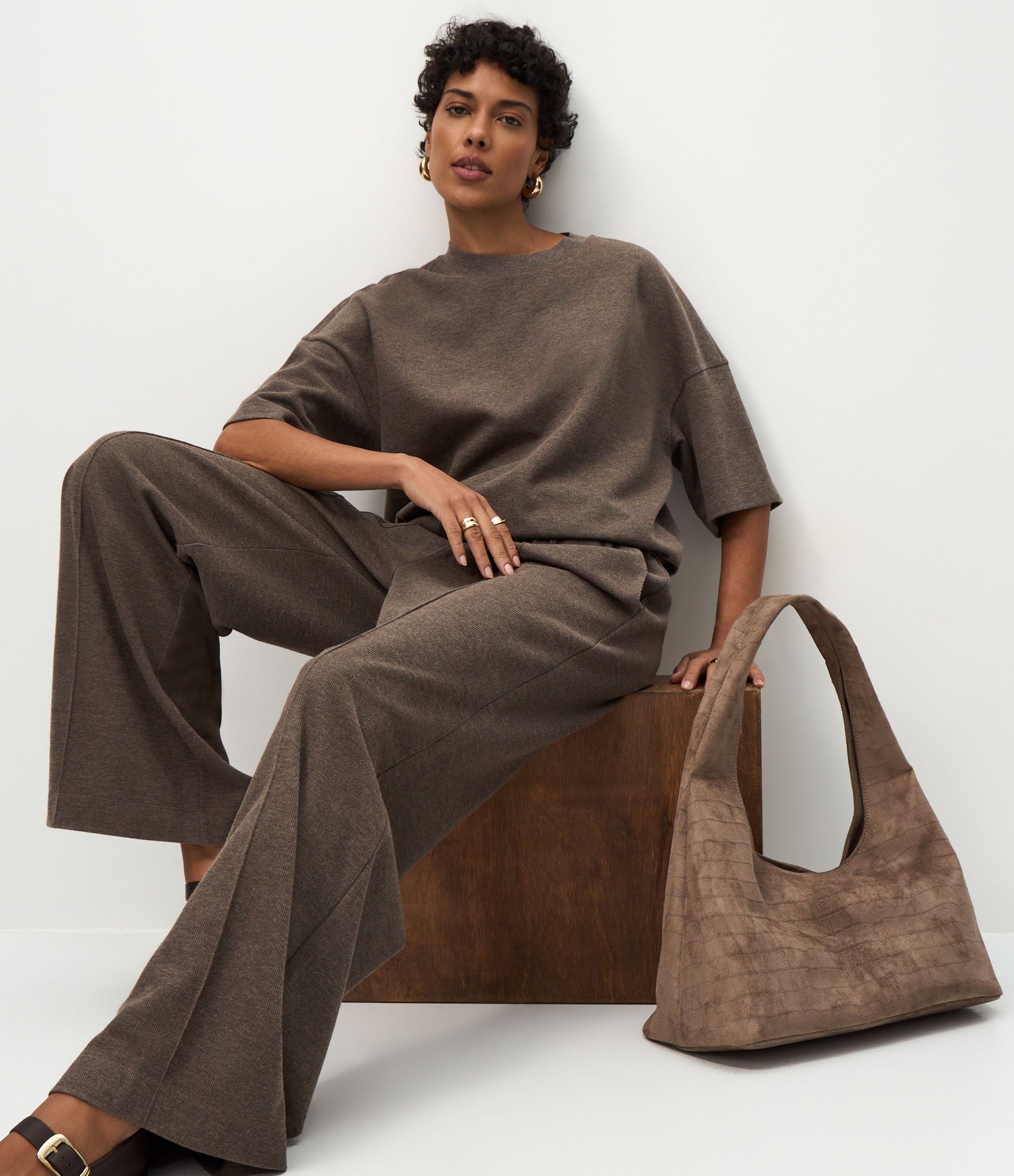 Calça Wide Leg em Moletom Sem Felpa Marrom 5