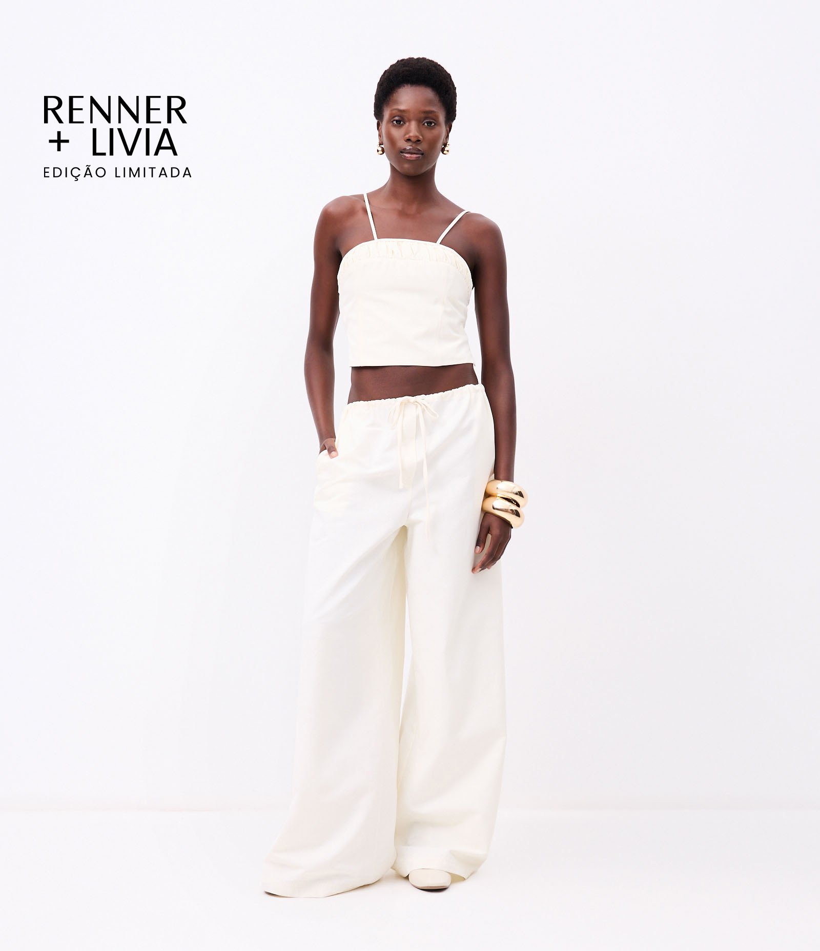 Calça em Tricoline com Amarração no Cós e Bolsos Off White 1