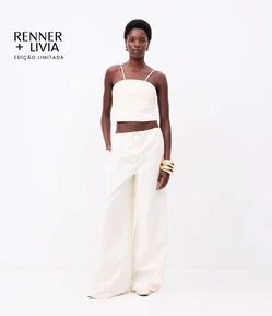 Calça em Tricoline com Amarração no Cós e Bolsos