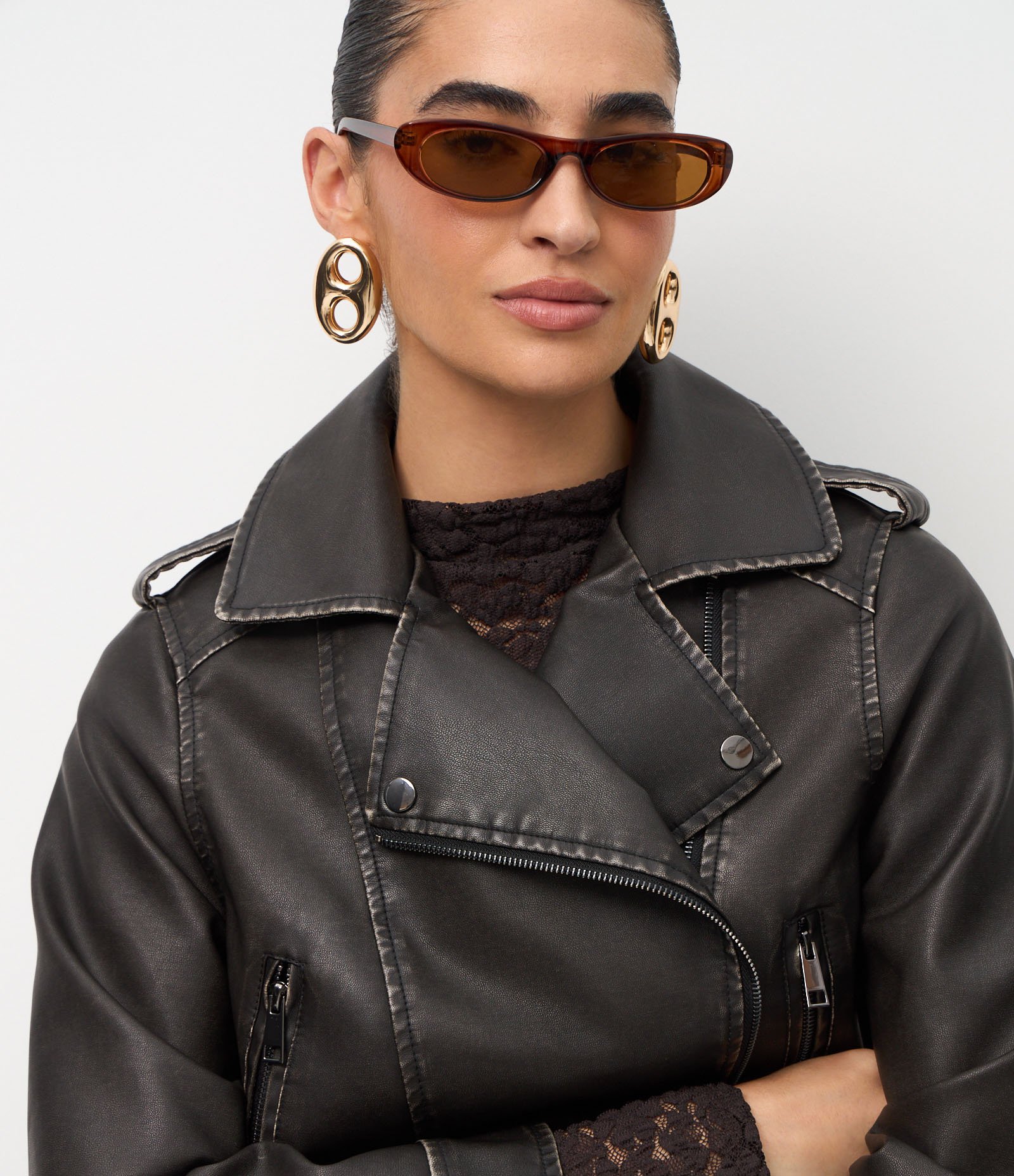 Jaqueta Biker com Zíper Assimétrico e Fivela Marrom Escuro 3