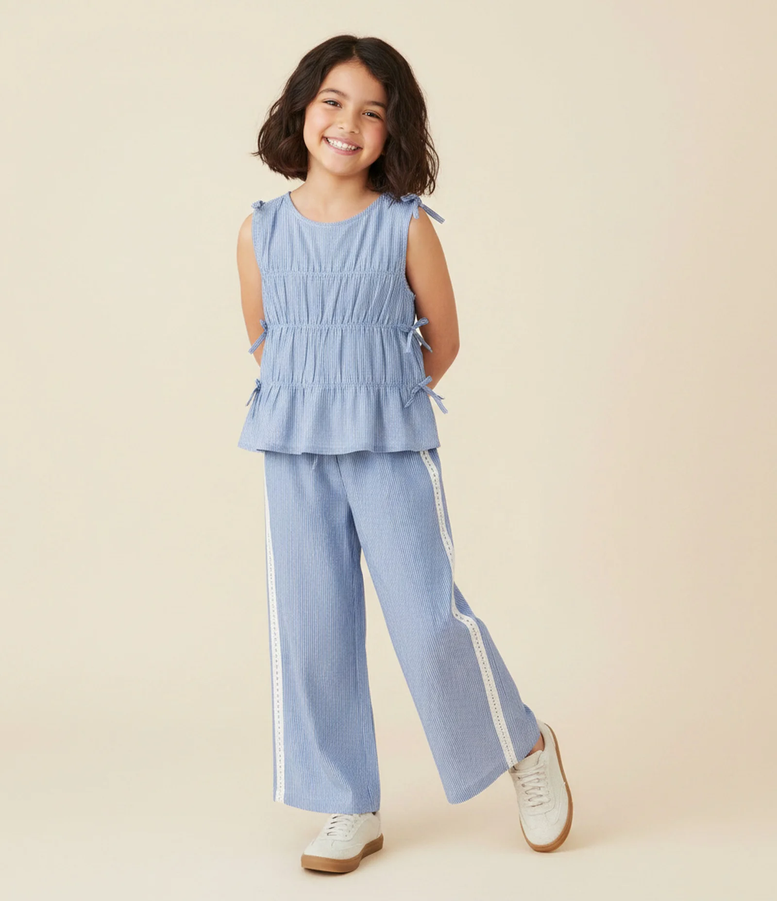 Calça Infantil em Tricoline com Listras e Cordão – Tam 5 a 14 Anos Azul 1