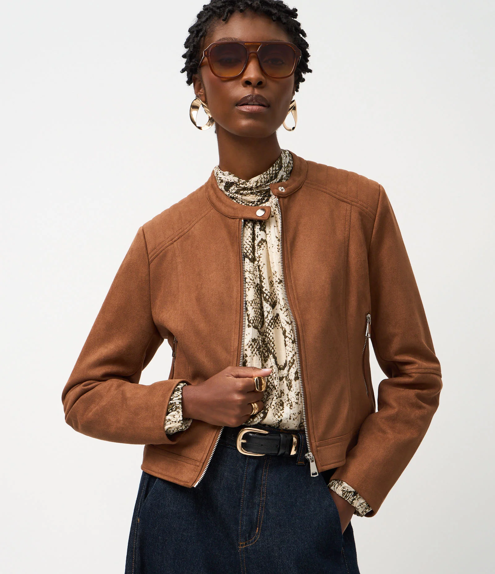 Jaqueta Motorcycle em Suede com Zíper Lateral Marrom 1