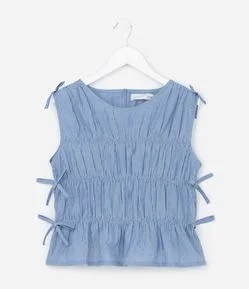 Blusa Infantil em Tricoline com Estampa de Listra e Amarrações - Tam 5 a 14 Anos