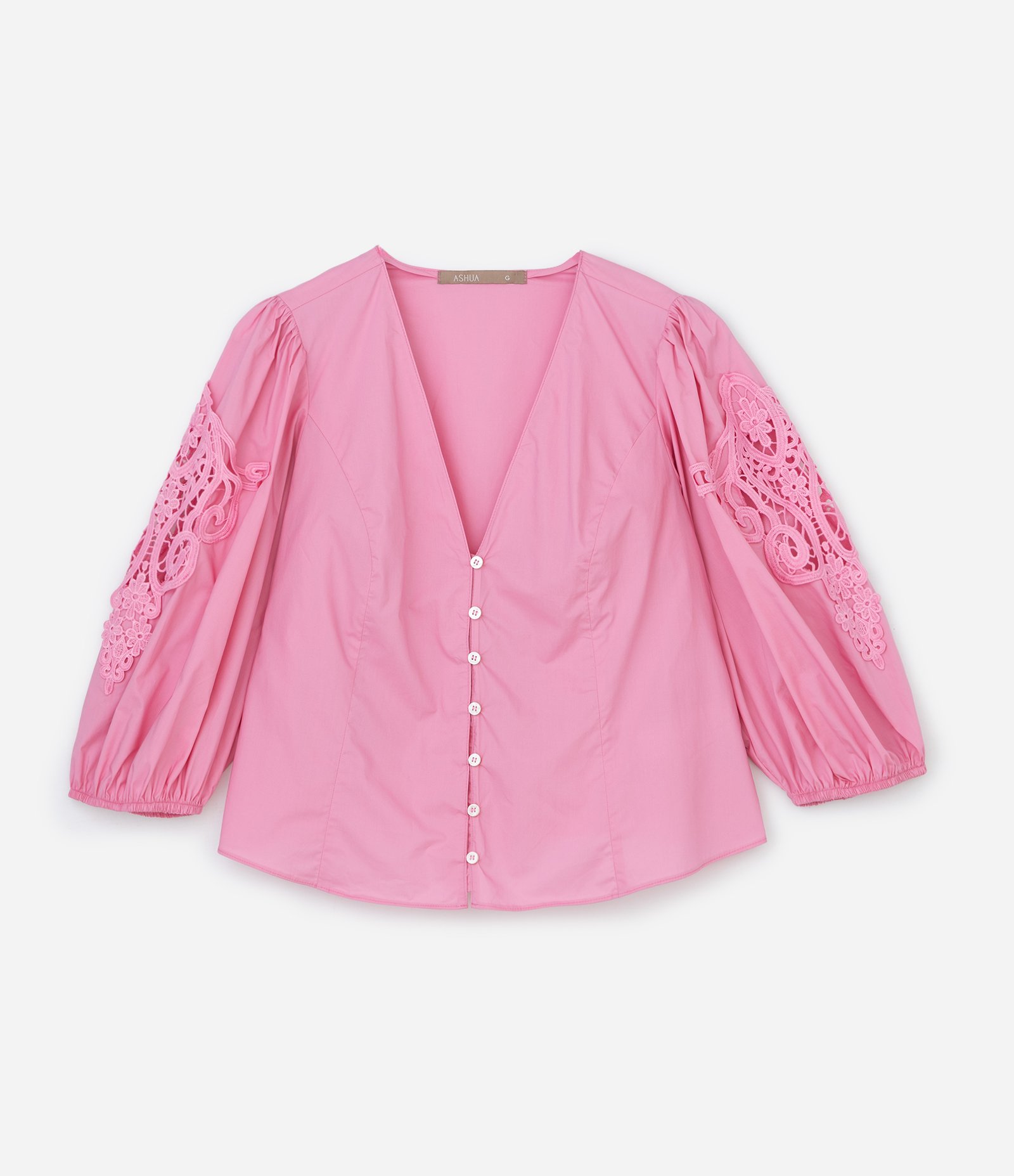 Blusa Manga 3/4 em Tricoline com Richelieu Curve & Plus Size Rosa 1