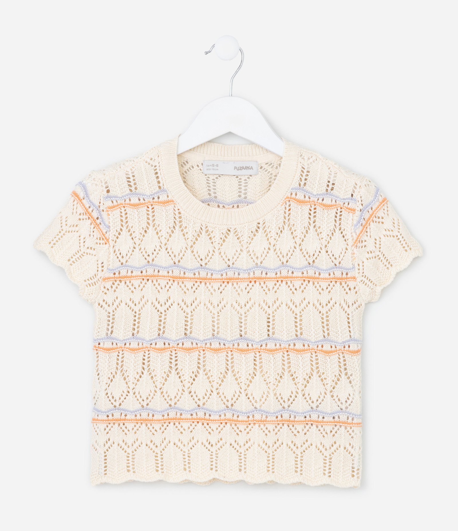 Camiseta Infantil Relaxed em Tricô com Detalhes em Crochê  - Tam 5 a 14 Anos Bege 1