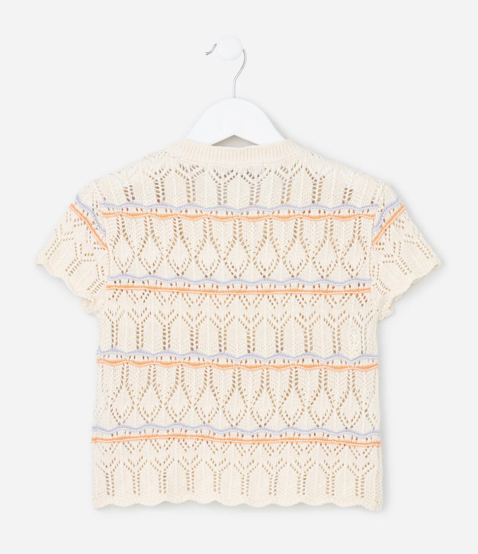 Camiseta Infantil Relaxed em Tricô com Detalhes em Crochê  - Tam 5 a 14 Anos Bege 2