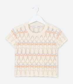 Camiseta Infantil Relaxed em Tricô com Detalhes em Crochê  - Tam 5 a 14 Anos