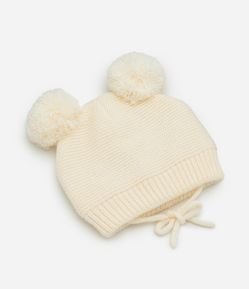 Touca Infantil em Efeito Tricô com Pompom e Cordinhas - Tam RN a 12 Meses