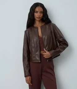 Jaqueta Básica em Pu com Zíper Tratorado