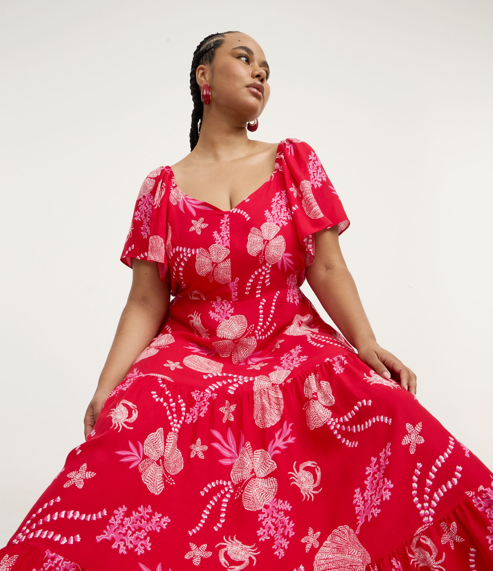 Vestido Longo com Estampa Flores e Conchas Curve & Plus Size Vermelho 1