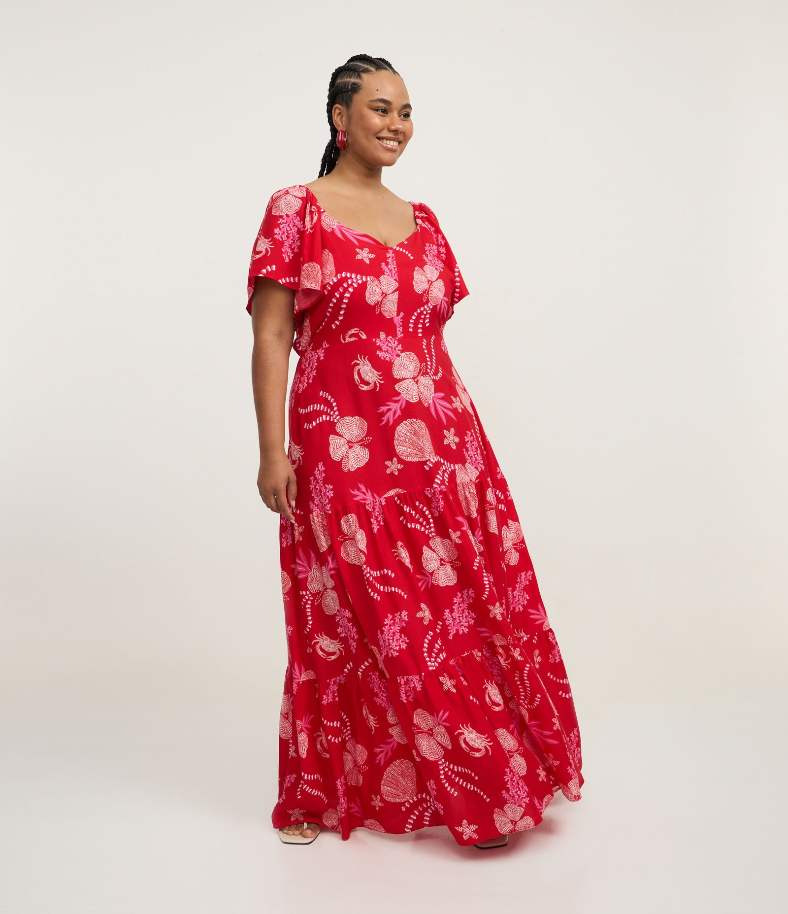 Vestido Longo com Estampa Flores e Conchas Curve & Plus Size Vermelho 2