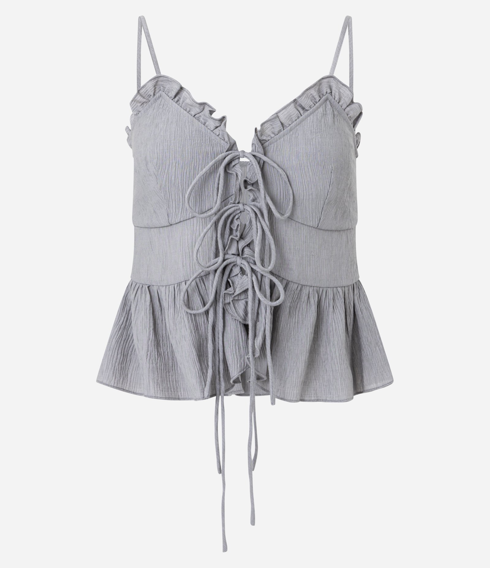 Blusa Texturizada com Amarração Frontal e Babados Cinza 1