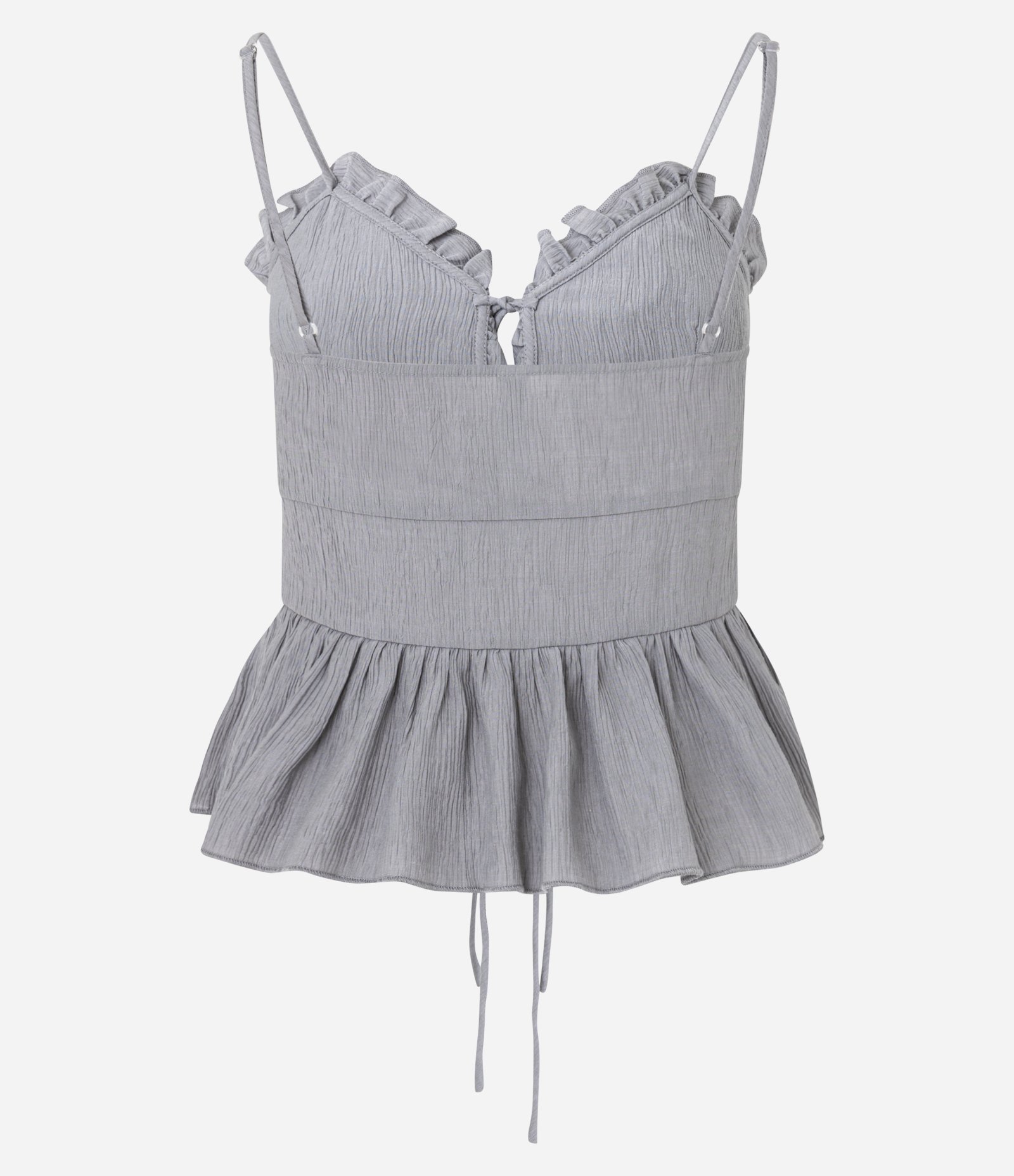 Blusa Texturizada com Amarração Frontal e Babados Cinza 3