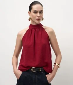 Blusa Frente Única em Crepe com Amarração na Gola Alta
