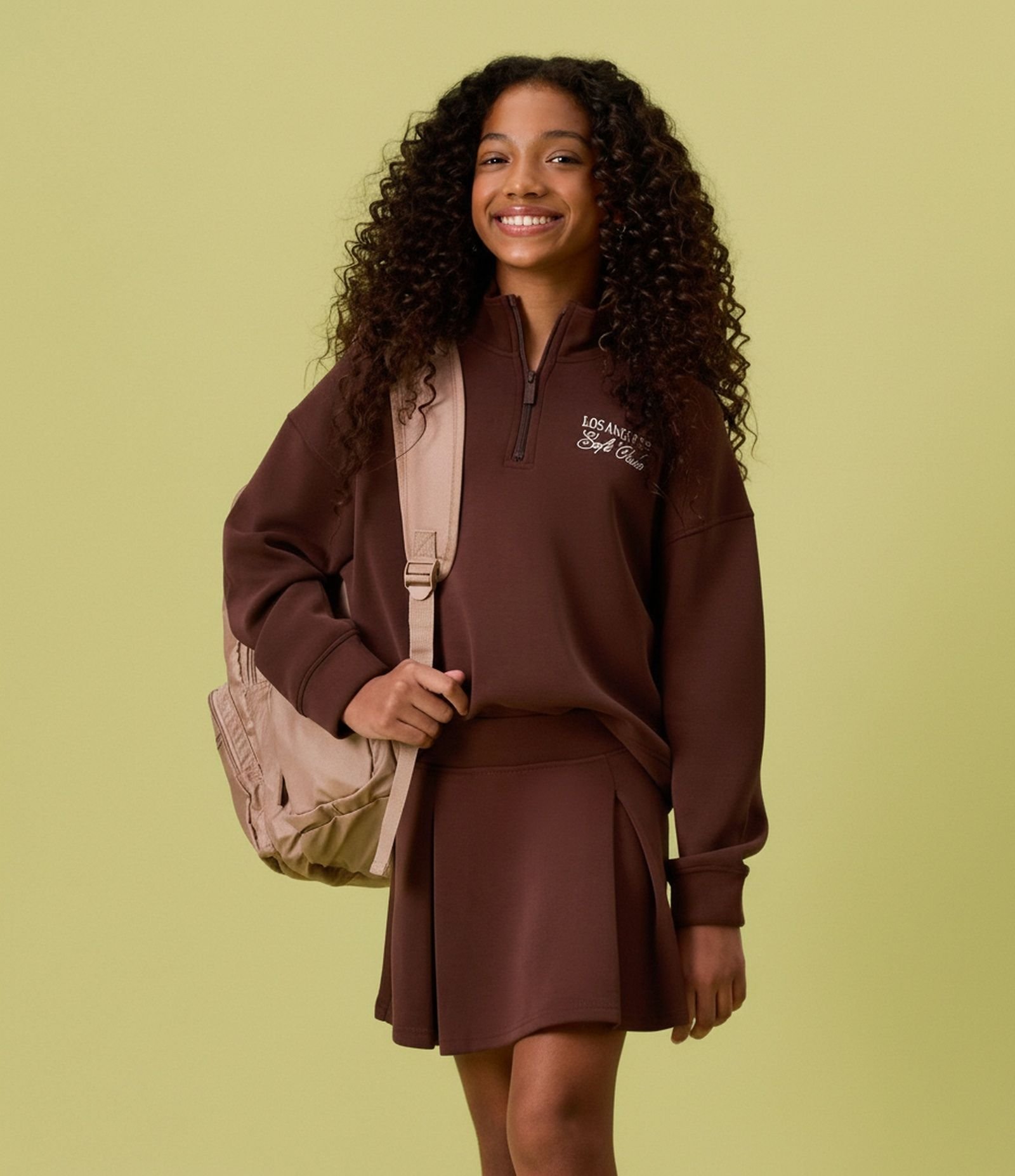 Saia Infantil em Moletinho com Pregas Peach Touch – Tam 5 a 14 Anos Marrom Escuro 1