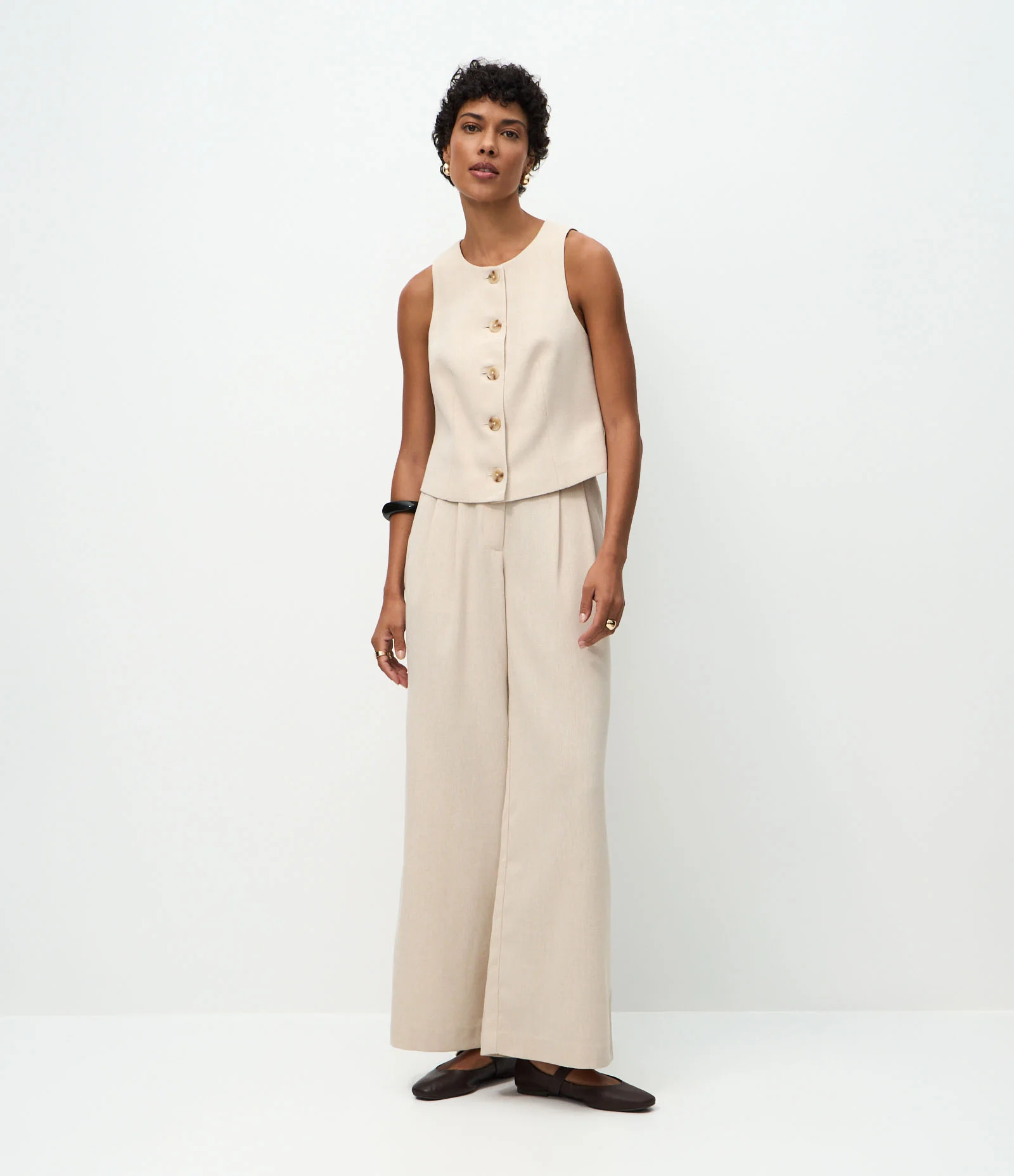 Calça Wide Leg em Viscolinho com Piping no Cós Bege 1