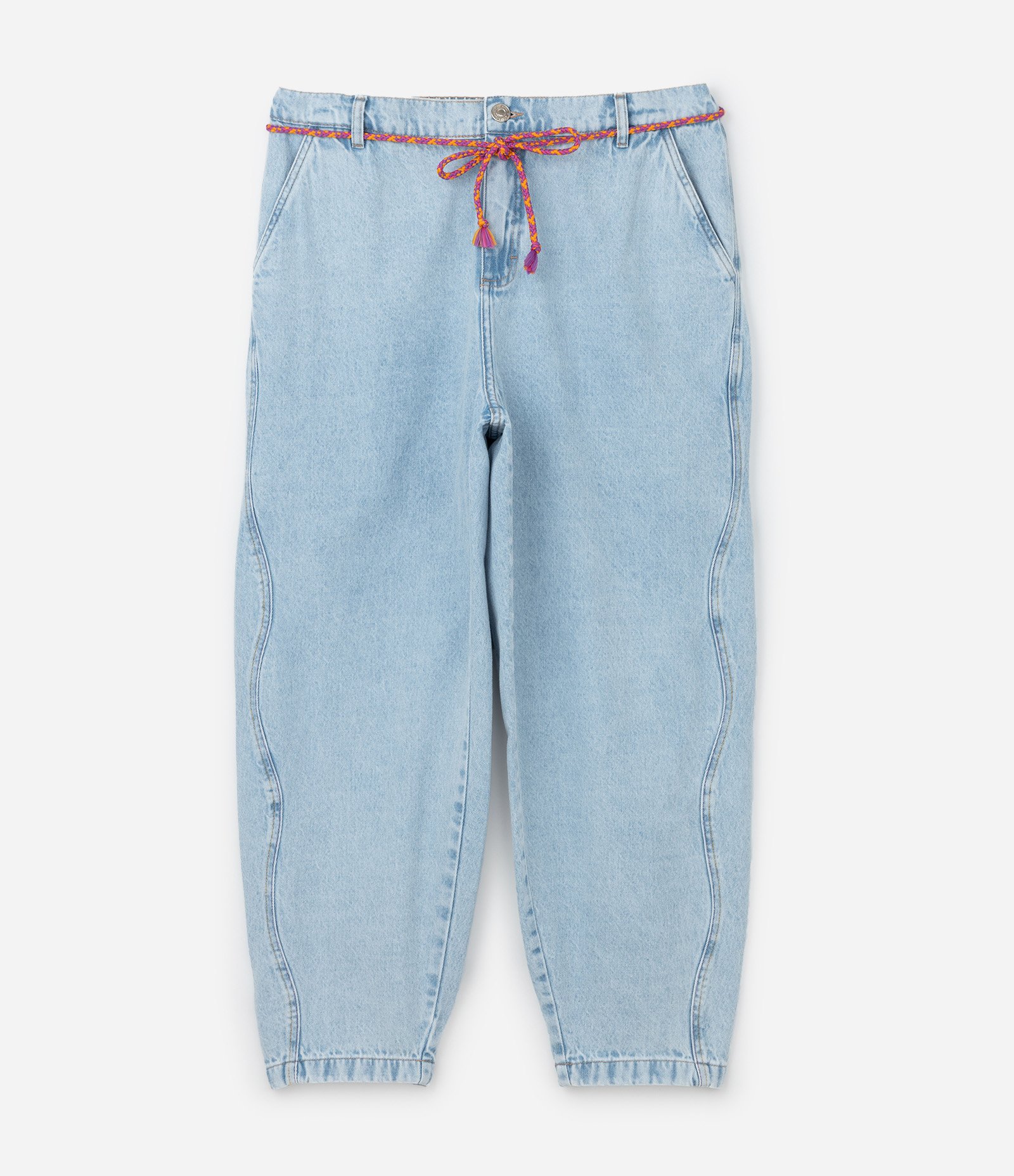 Calça Mom em Jeans com Elástico Traseiro e Cordão Colorido Curve & Plus Size Azul 5
