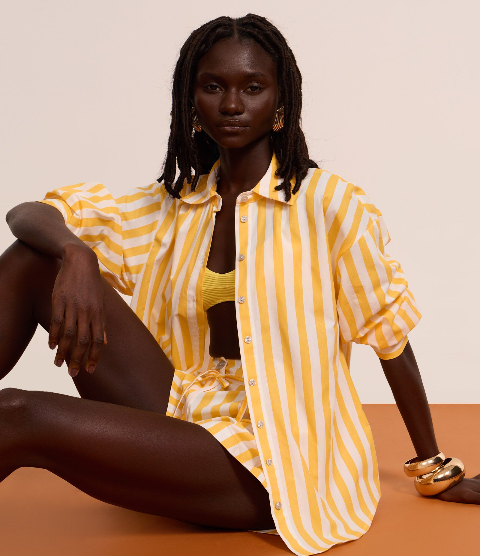 Camisa Alongada em Tricoline com Listras Verticais Amarelo 5