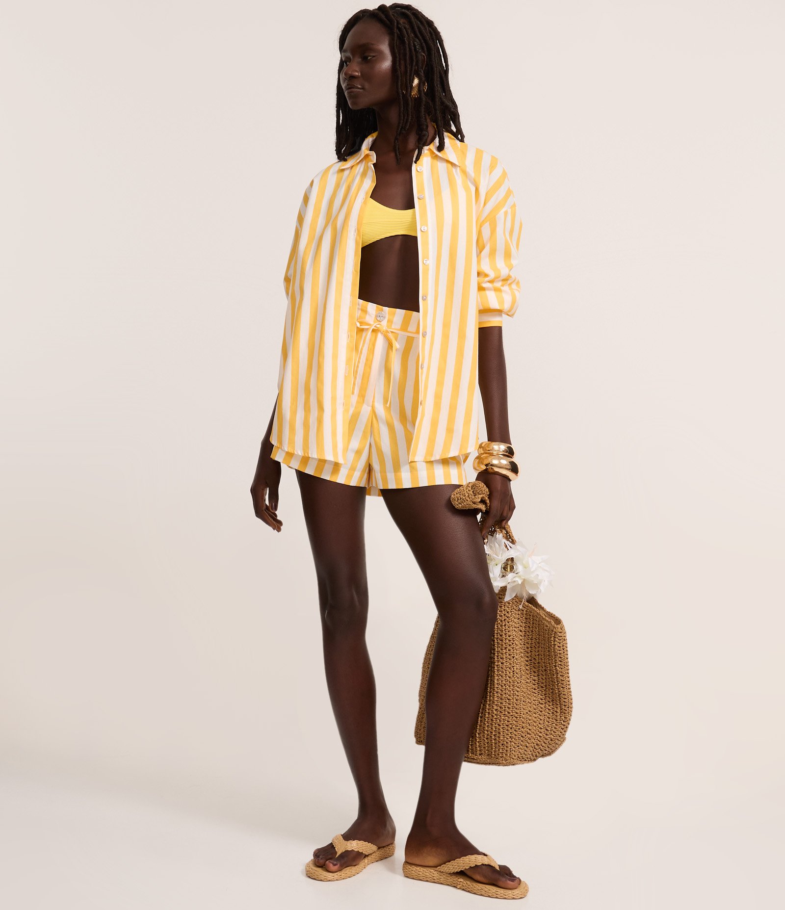 Camisa Alongada em Tricoline com Listras Verticais Amarelo 2