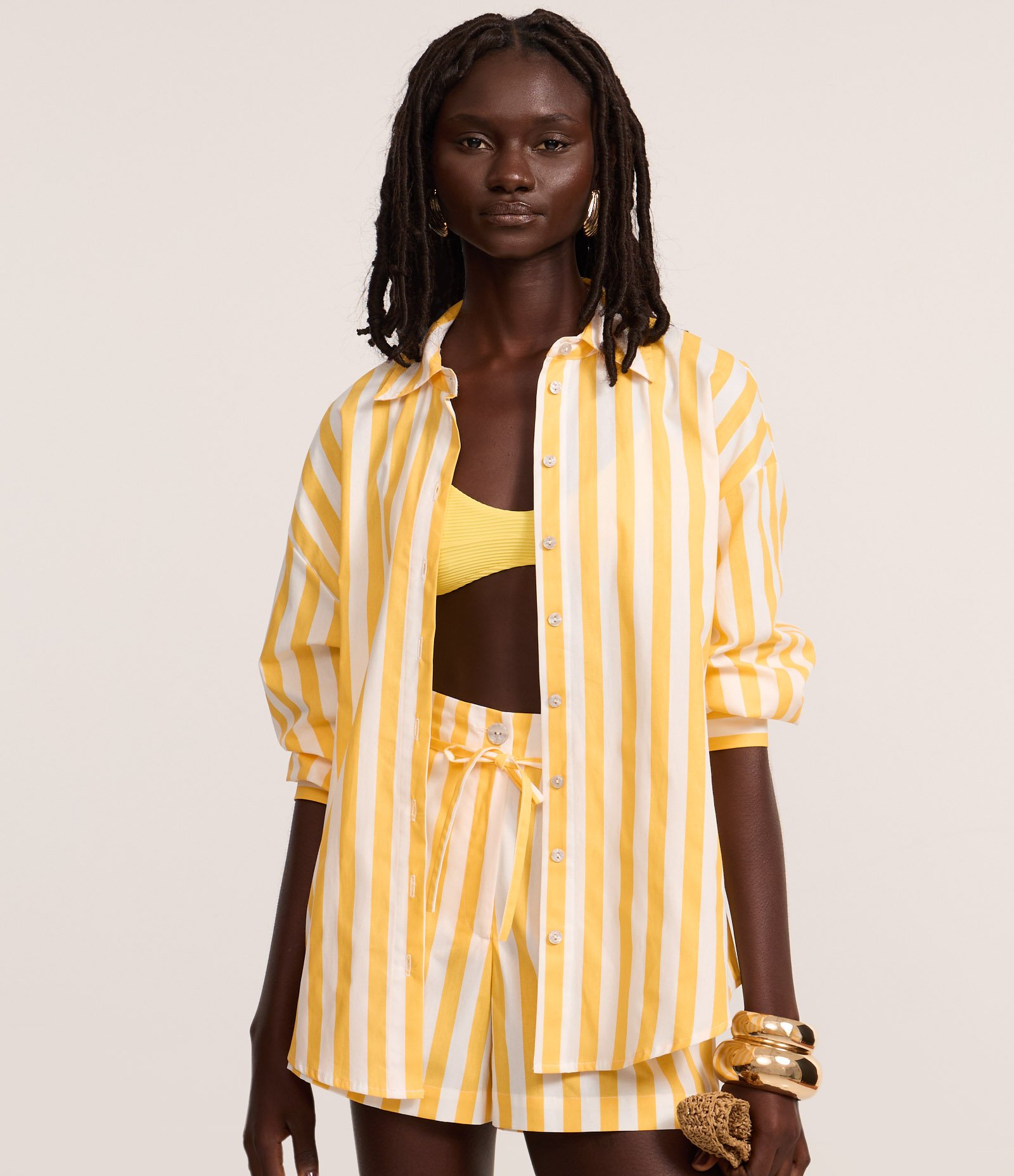 Camisa Alongada em Tricoline com Listras Verticais Amarelo 3