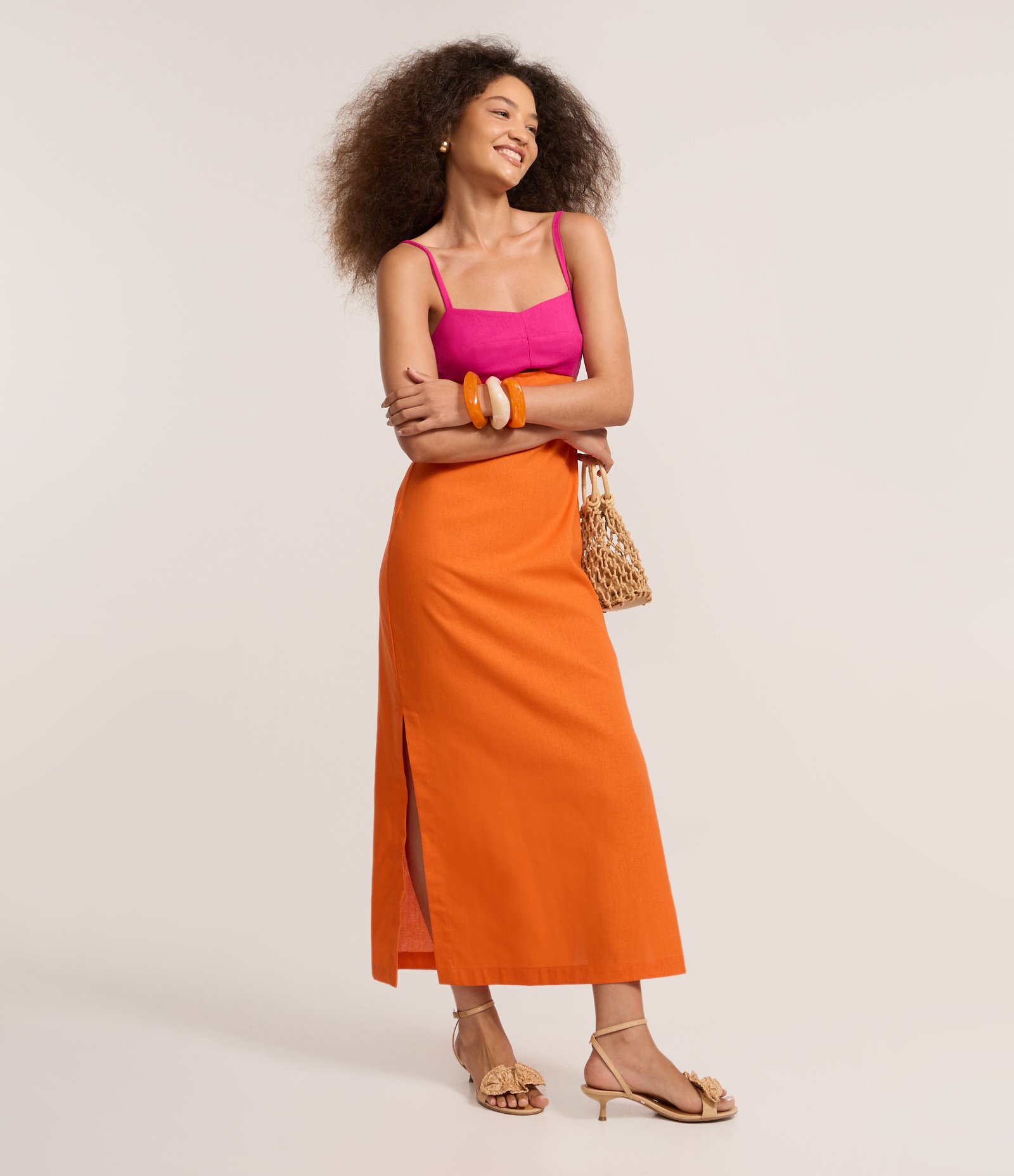 Vestido Long Midi em Viscolinho com Alças Finas Bicolor Laranja 1