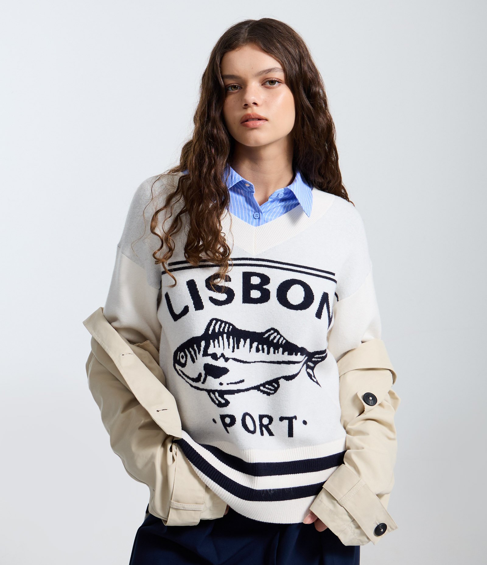 Suéter em Tricô com Estampa Lisbon Port Peixe Off White 1