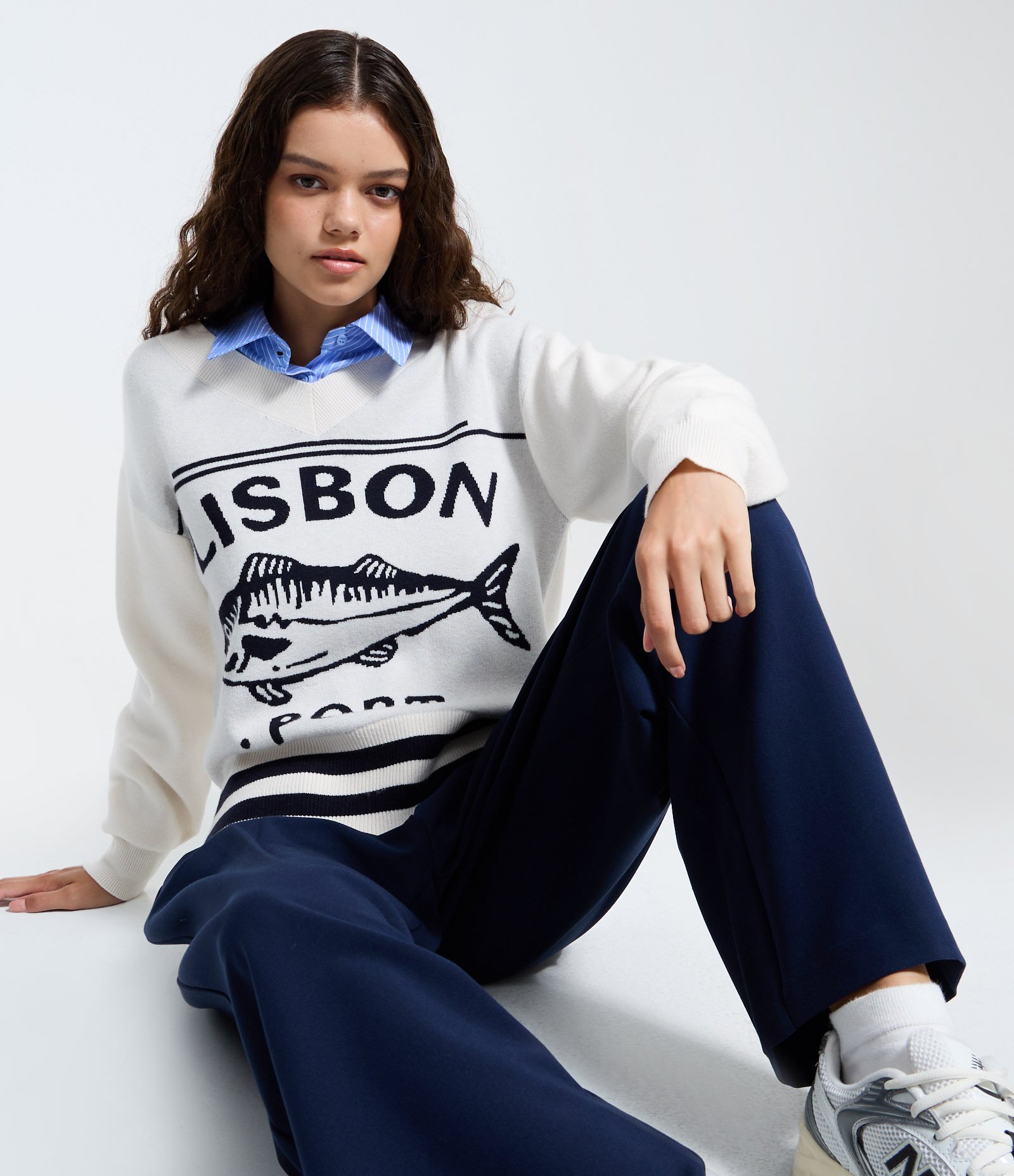 Suéter em Tricô com Estampa Lisbon Port Peixe Off White 4