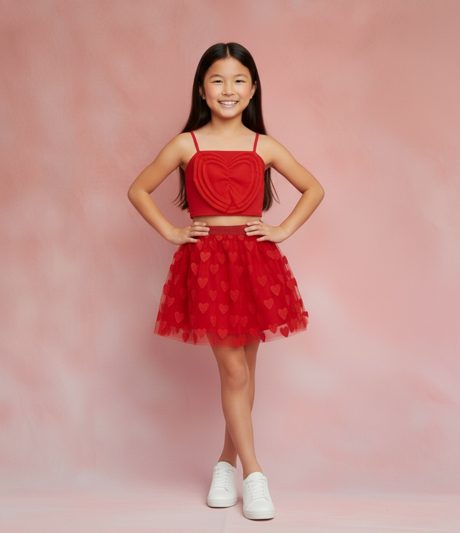 Saia Infantil em Tule com Pregas e Estampa de Corações – Tam 1 a 6 Anos Vermelho 1