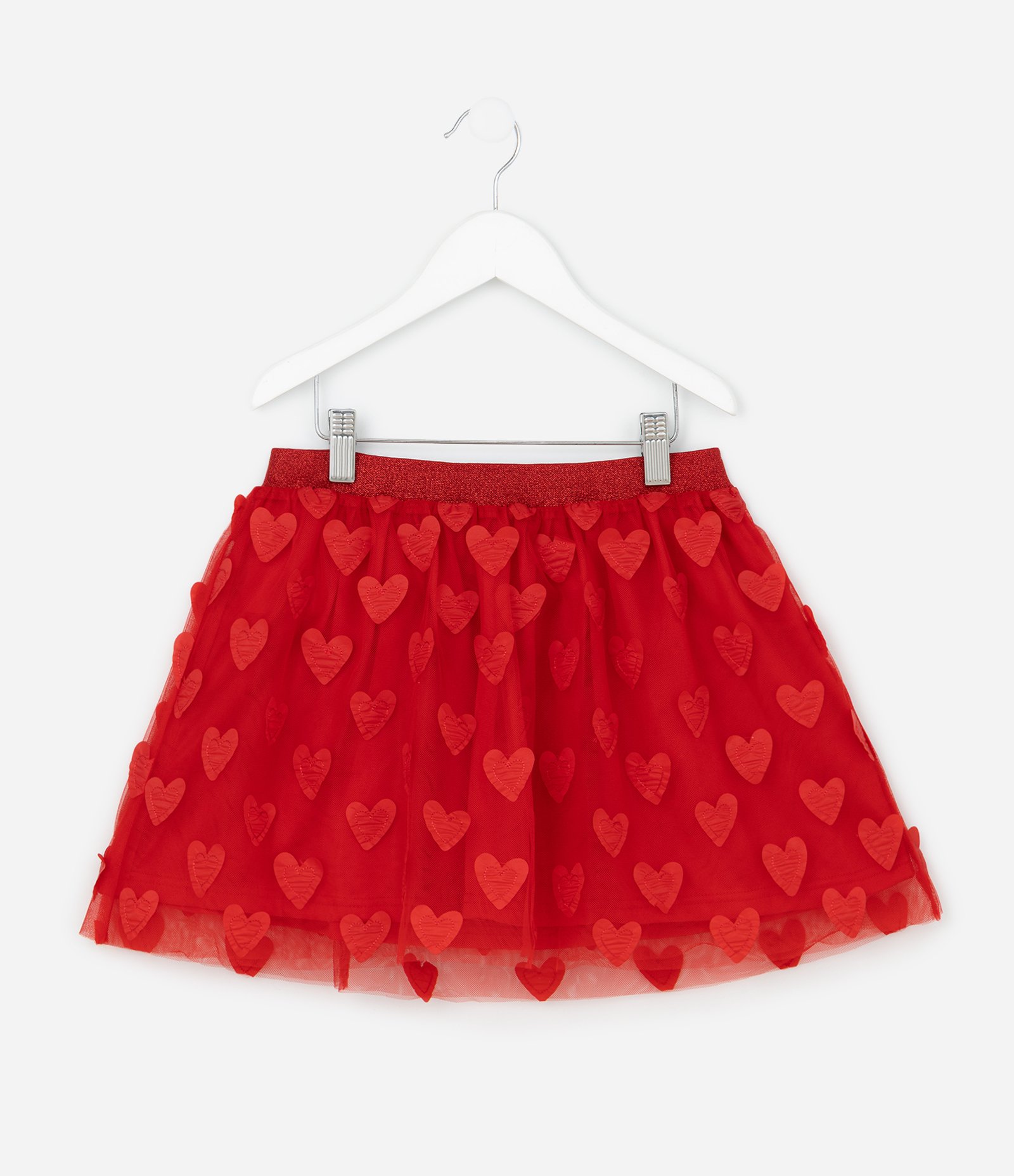 Saia Infantil Curta em Tule com Estampa de Corações - Tam 5 a 14 Anos Vermelho 1