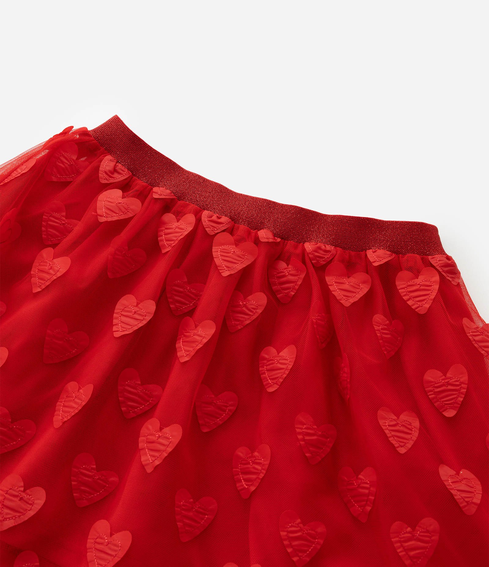 Saia Infantil Curta em Tule com Estampa de Corações - Tam 5 a 14 Anos Vermelho 4
