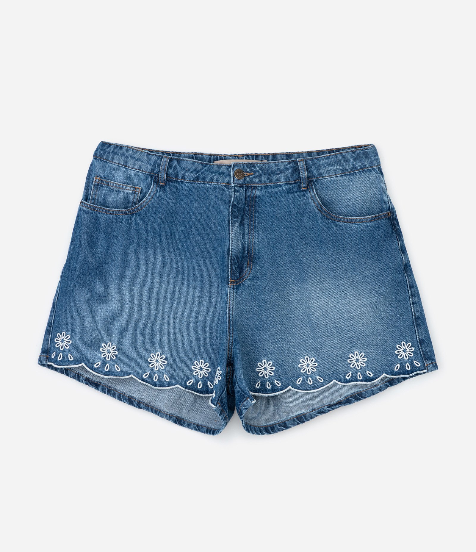 Short Mom em Jeans com Bordado Richelieu na Barra Curve & Plus Size Azul 6