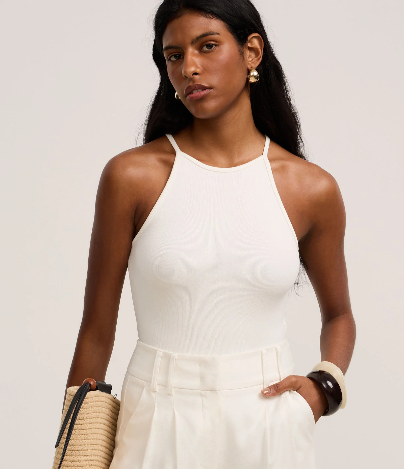 Body Canelado em Ribana com Decote Reto Branco Neve 1