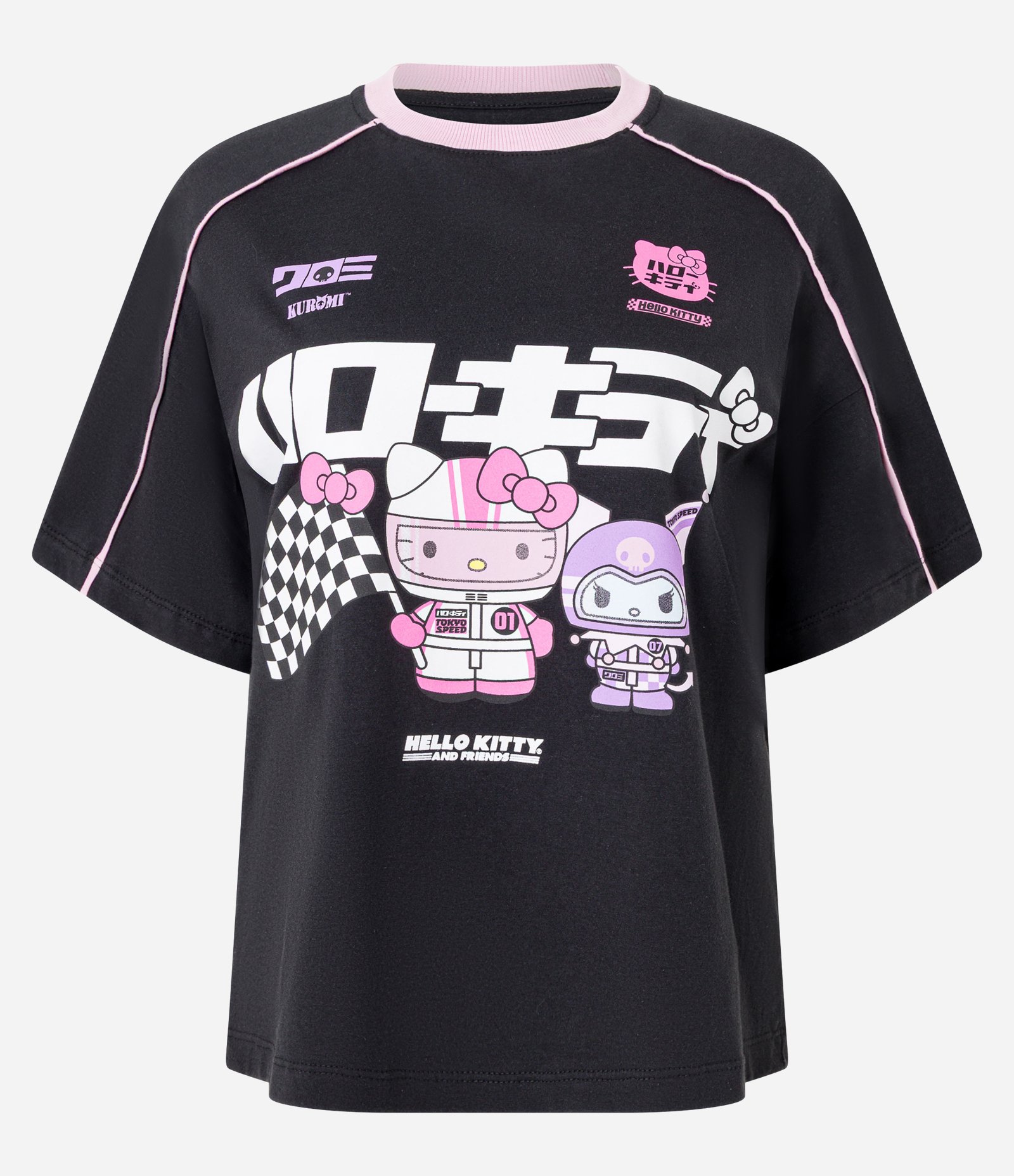 Camiseta em Algodão com Estampa Racing da Hello Kitty e Kuromi Preto 1