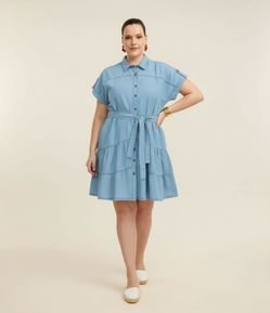 Vestido Curto em Jeans com Babados e Cinto Faixa Curve & Plus Size