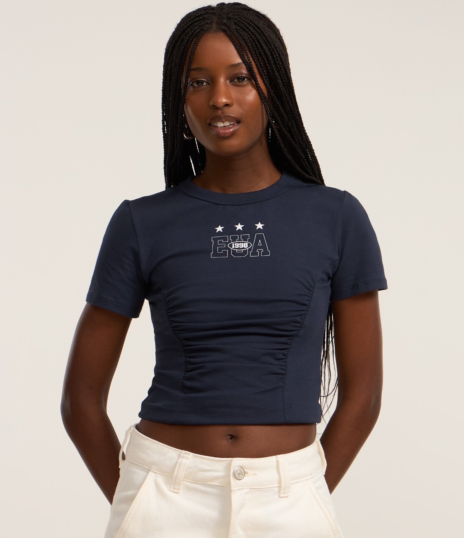 Blusa Baby Look em Algodão com Estampa Lettering EUA Azul 1