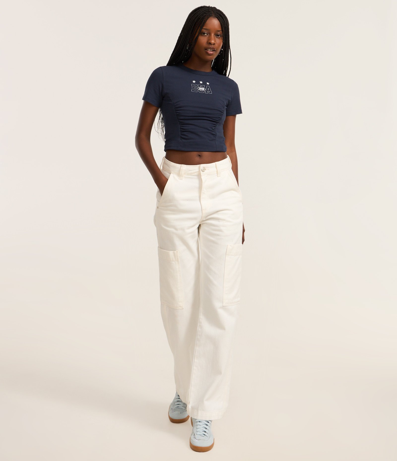 Blusa Baby Look em Algodão com Estampa Lettering EUA Azul 2