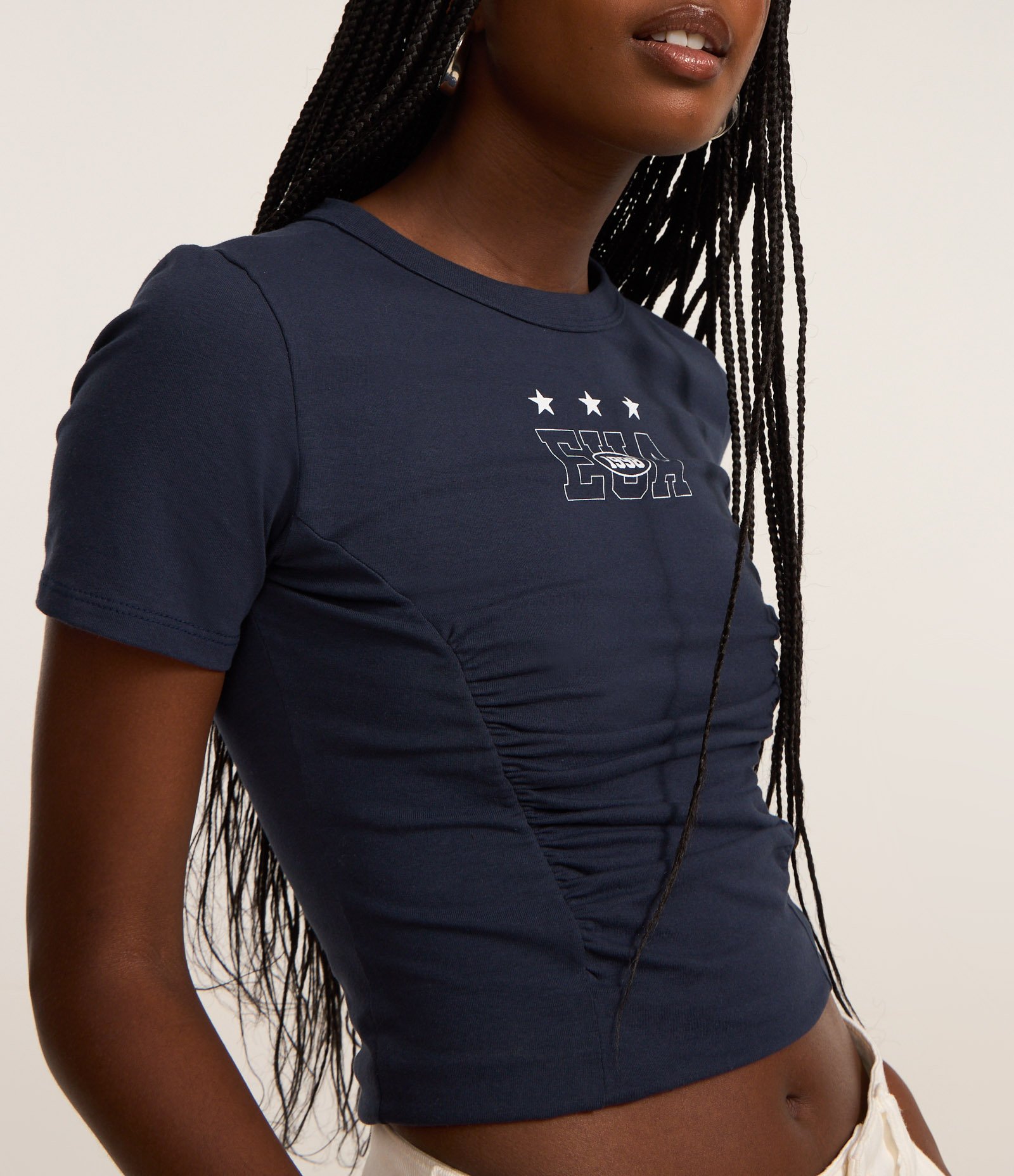 Blusa Baby Look em Algodão com Estampa Lettering EUA Azul 3