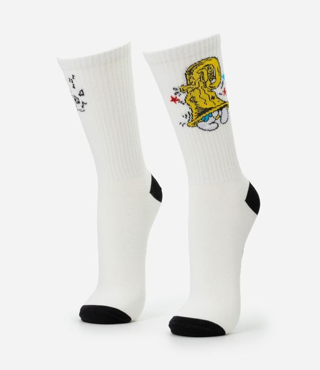 Meia Cano Alto em Algodão com Estampa Smurfs Musicais