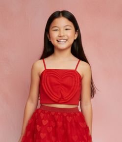 Blusa Infantil Cropped em Tule com Coração Aplicado - Tam 5 a 14 Anos