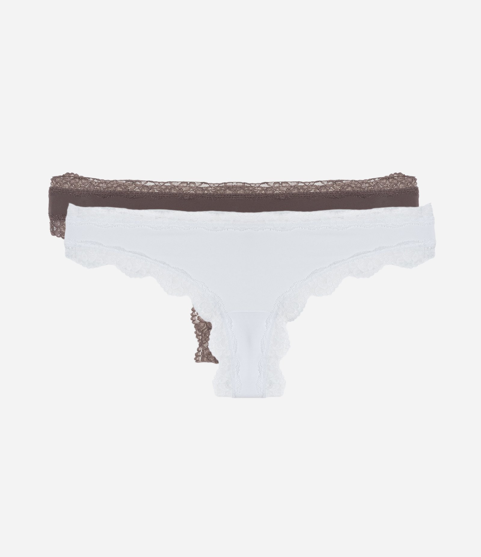 Kit 02 Calcinhas Biquíni Fio em Microfibra com Detalhes em Renda Marrom/Branco 1
